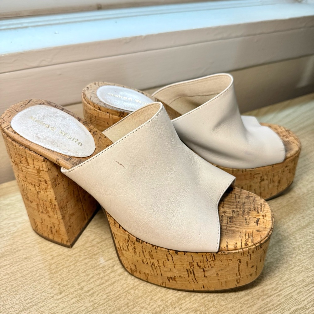 Naked Wolfe White Platform Mules Cork Heel
